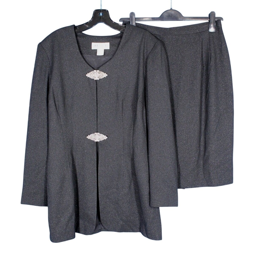VTG ANN TOBIAS Black SILVER SHIMMER Rhinestone Clasp JACKET/SKIRT SUIT SET Sz 12